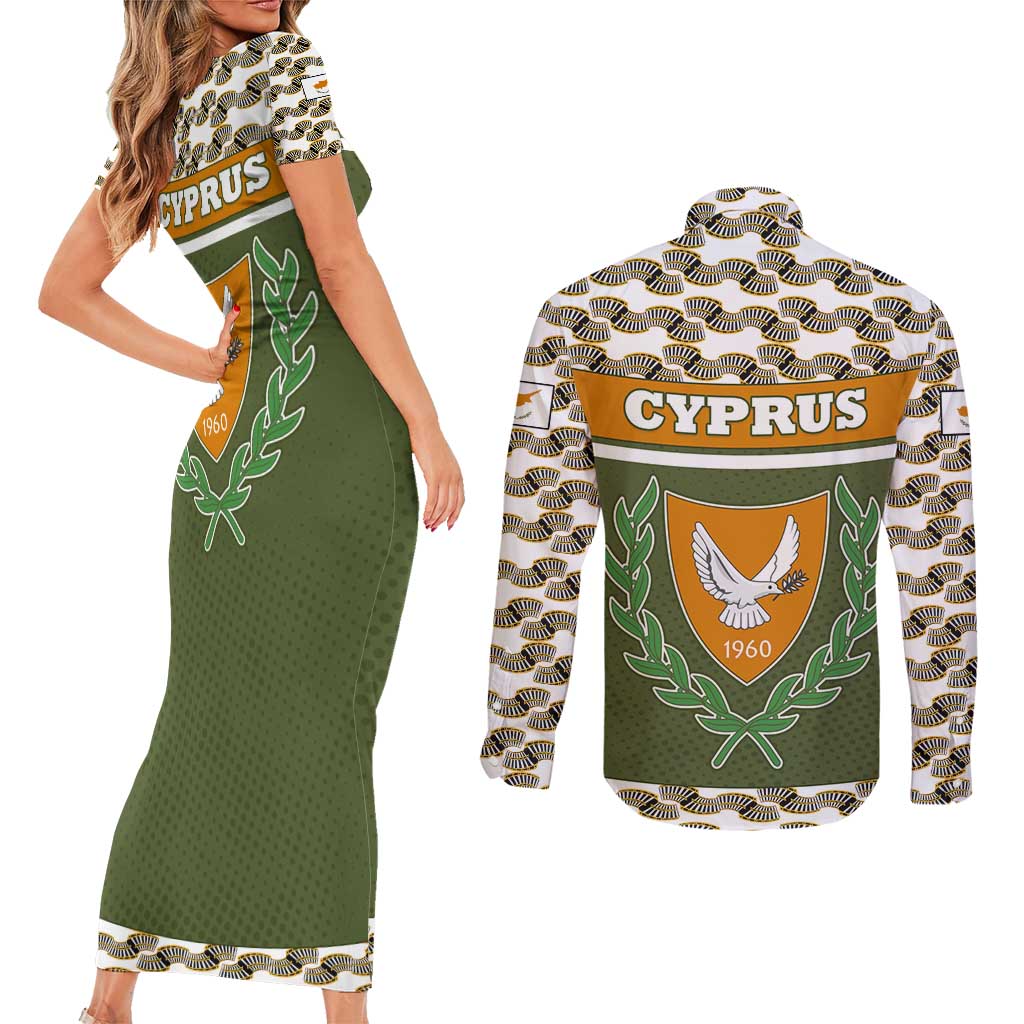 Cyprus Couples Matching Short Sleeve Bodycon Dress and Long Sleeve Button Shirt with Cyclamen Flower Illustration Design and National Emblem - Wonder Print Shop