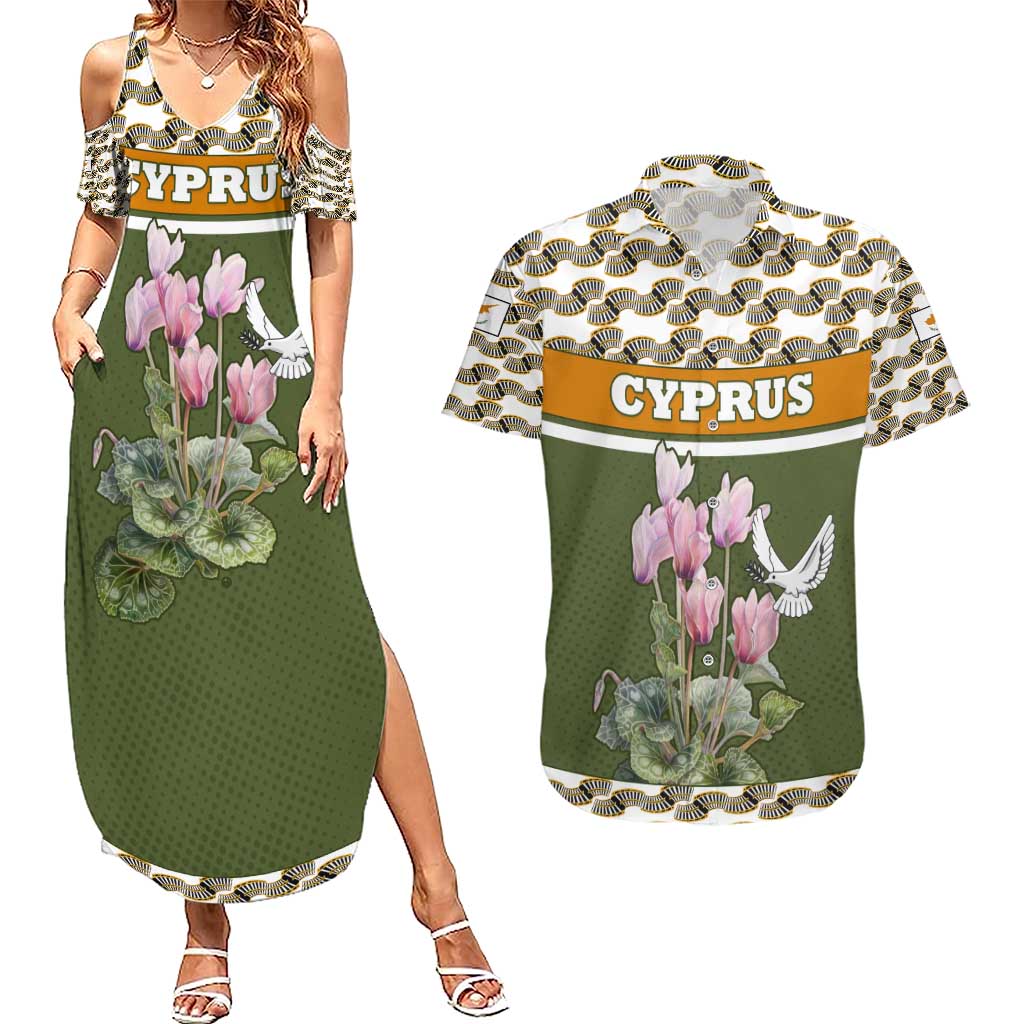 Cyprus Couples Matching Summer Maxi Dress and Hawaiian Shirt with Cyclamen Flower Illustration Design and National Emblem - Wonder Print Shop
