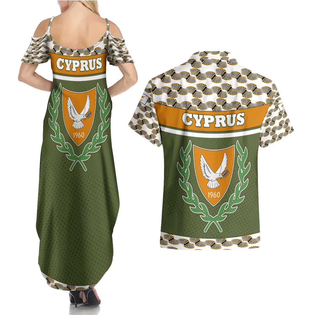 Cyprus Couples Matching Summer Maxi Dress and Hawaiian Shirt with Cyclamen Flower Illustration Design and National Emblem - Wonder Print Shop
