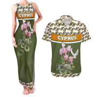 Cyprus Couples Matching Tank Maxi Dress and Hawaiian Shirt with Cyclamen Flower Illustration Design and National Emblem - Wonder Print Shop