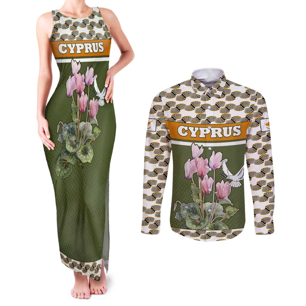 Cyprus Couples Matching Tank Maxi Dress and Long Sleeve Button Shirt with Cyclamen Flower Illustration Design and National Emblem - Wonder Print Shop