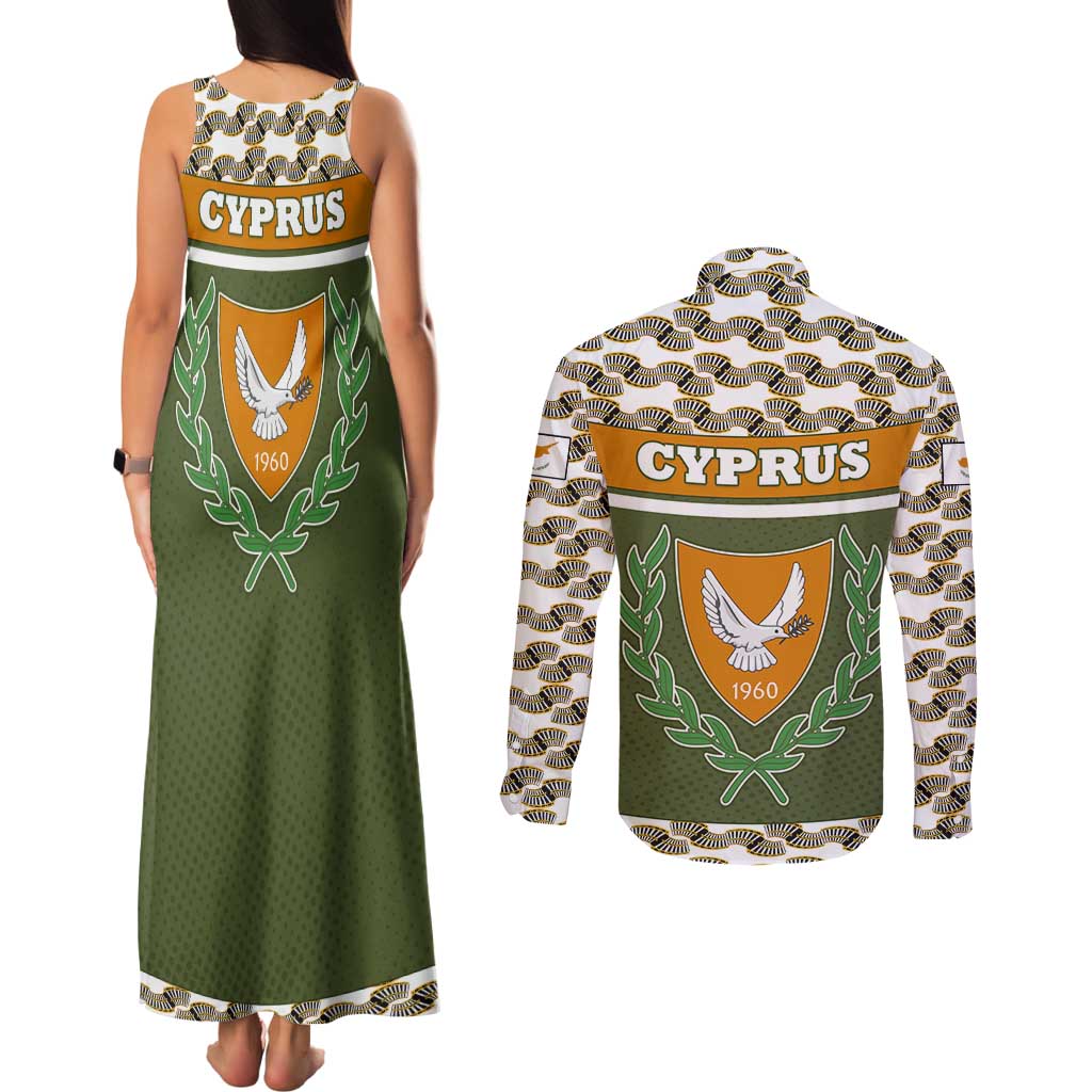 Cyprus Couples Matching Tank Maxi Dress and Long Sleeve Button Shirt with Cyclamen Flower Illustration Design and National Emblem - Wonder Print Shop