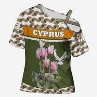 Cyprus Cross Shoulder Shirt with Cyclamen Flower Illustration Design and National Emblem - Wonder Print Shop