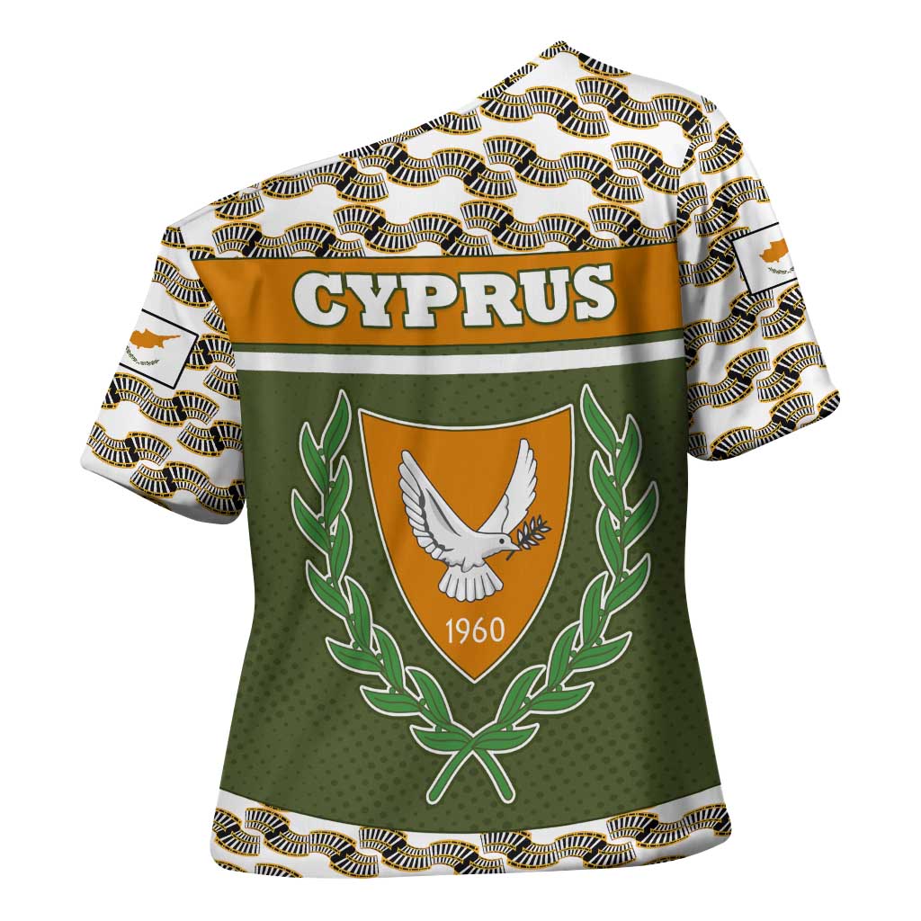 Cyprus Cross Shoulder Shirt with Cyclamen Flower Illustration Design and National Emblem - Wonder Print Shop