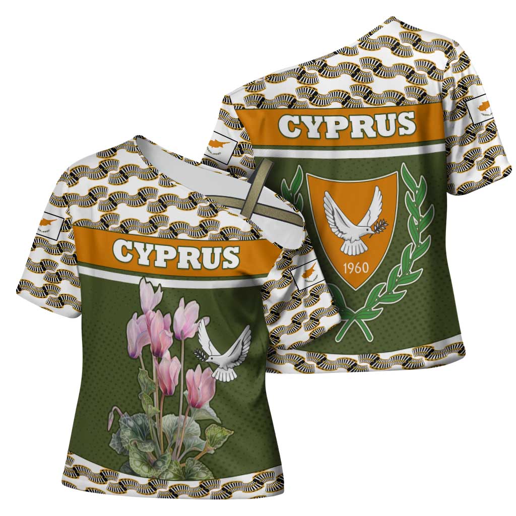 Cyprus Cross Shoulder Shirt with Cyclamen Flower Illustration Design and National Emblem - Wonder Print Shop