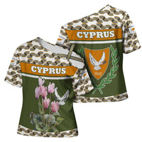 Cyprus Cross Shoulder Shirt with Cyclamen Flower Illustration Design and National Emblem - Wonder Print Shop