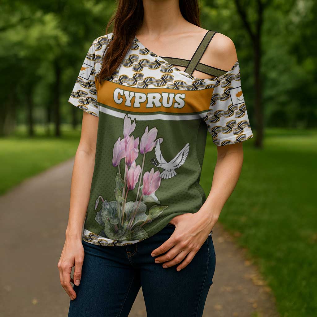 Cyprus Cross Shoulder Shirt with Cyclamen Flower Illustration Design and National Emblem - Wonder Print Shop