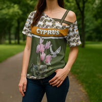 Cyprus Cross Shoulder Shirt with Cyclamen Flower Illustration Design and National Emblem - Wonder Print Shop