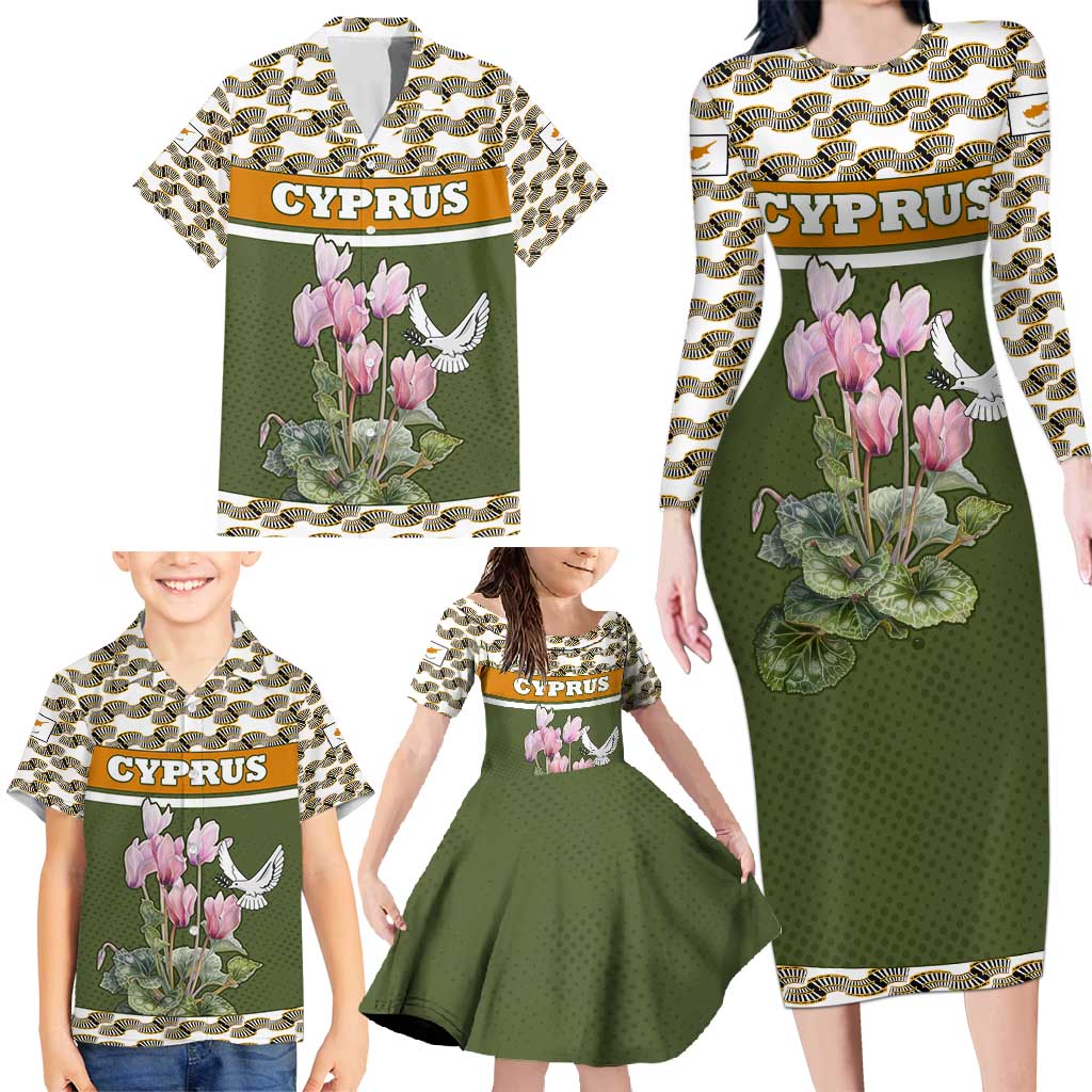 Cyprus Family Matching Long Sleeve Bodycon Dress and Hawaiian Shirt with Cyclamen Flower Illustration Design and National Emblem - Wonder Print Shop