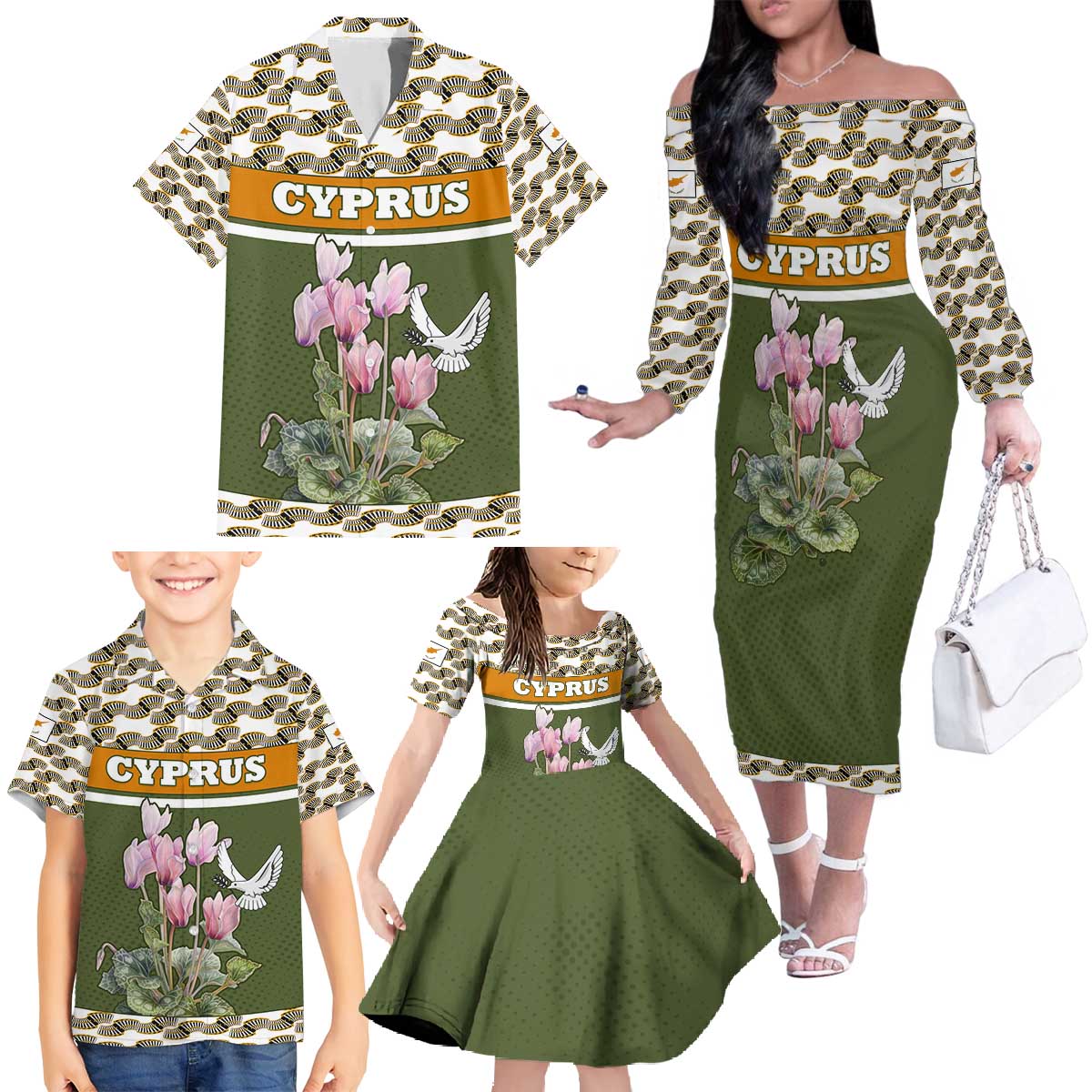 Cyprus Family Matching Off The Shoulder Long Sleeve Dress and Hawaiian Shirt with Cyclamen Flower Illustration Design and National Emblem - Wonder Print Shop