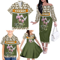 Cyprus Family Matching Off The Shoulder Long Sleeve Dress and Hawaiian Shirt with Cyclamen Flower Illustration Design and National Emblem - Wonder Print Shop