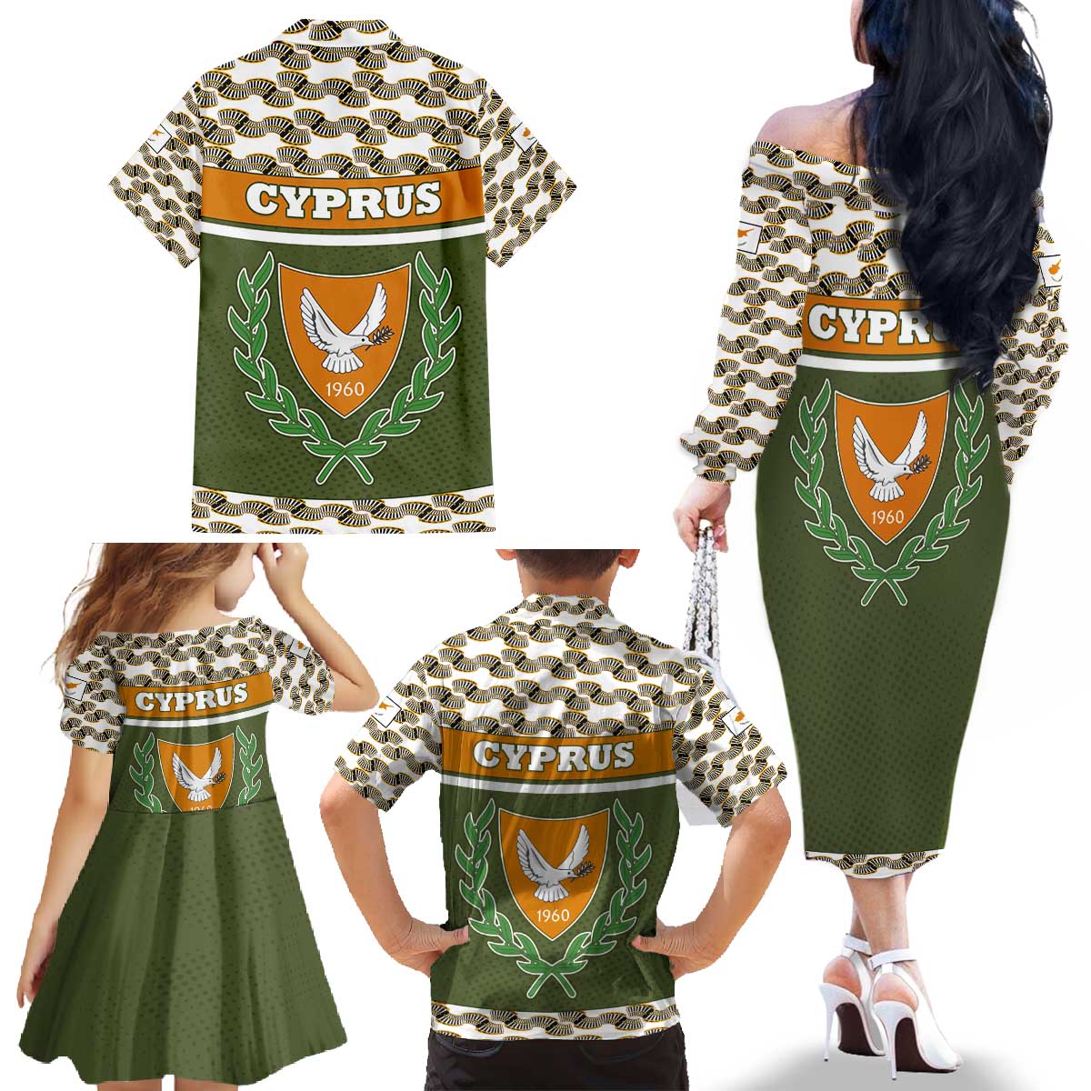 Cyprus Family Matching Off The Shoulder Long Sleeve Dress and Hawaiian Shirt with Cyclamen Flower Illustration Design and National Emblem - Wonder Print Shop