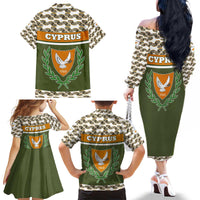 Cyprus Family Matching Off The Shoulder Long Sleeve Dress and Hawaiian Shirt with Cyclamen Flower Illustration Design and National Emblem - Wonder Print Shop