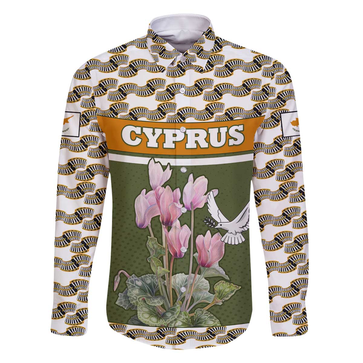 Cyprus Family Matching Off The Shoulder Long Sleeve Dress and Hawaiian Shirt with Cyclamen Flower Illustration Design and National Emblem - Wonder Print Shop