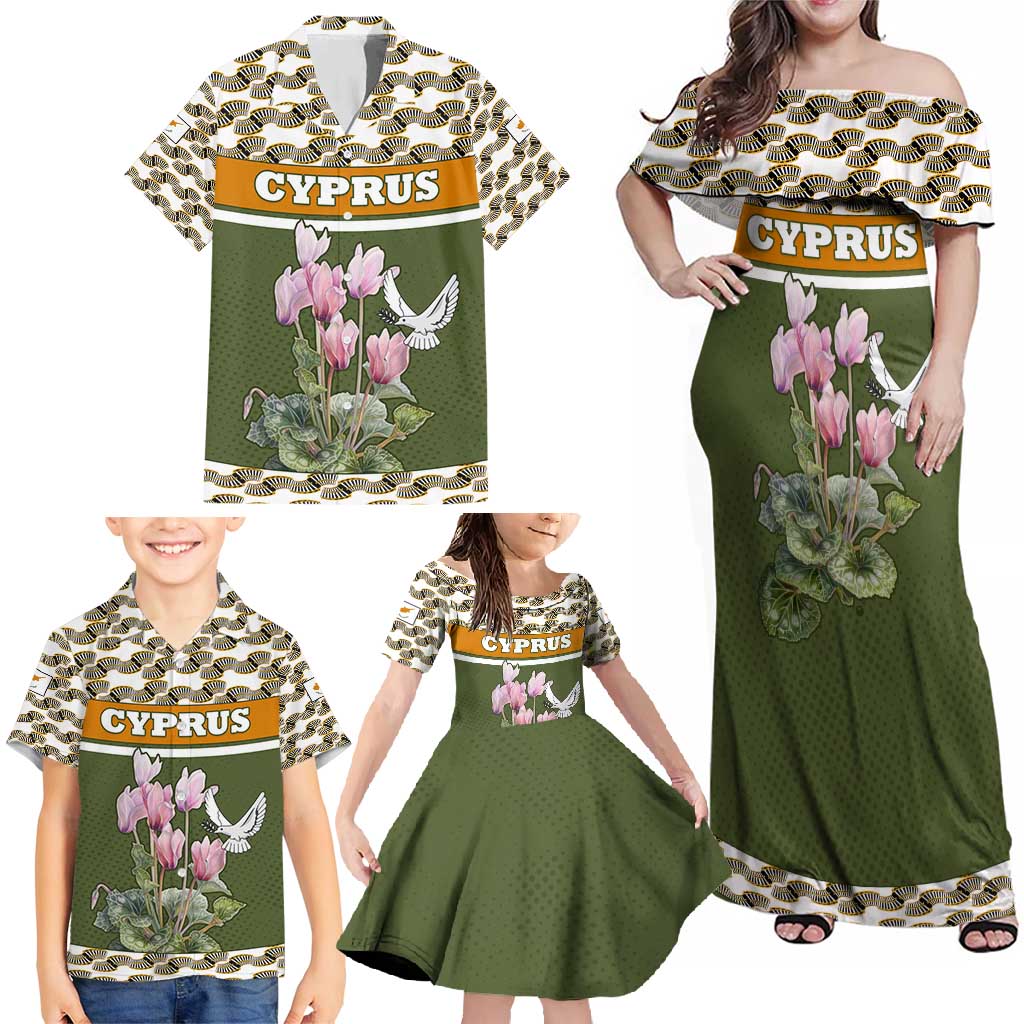 Cyprus Family Matching Off Shoulder Maxi Dress and Hawaiian Shirt with Cyclamen Flower Illustration Design and National Emblem - Wonder Print Shop