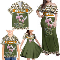 Cyprus Family Matching Off Shoulder Maxi Dress and Hawaiian Shirt with Cyclamen Flower Illustration Design and National Emblem - Wonder Print Shop