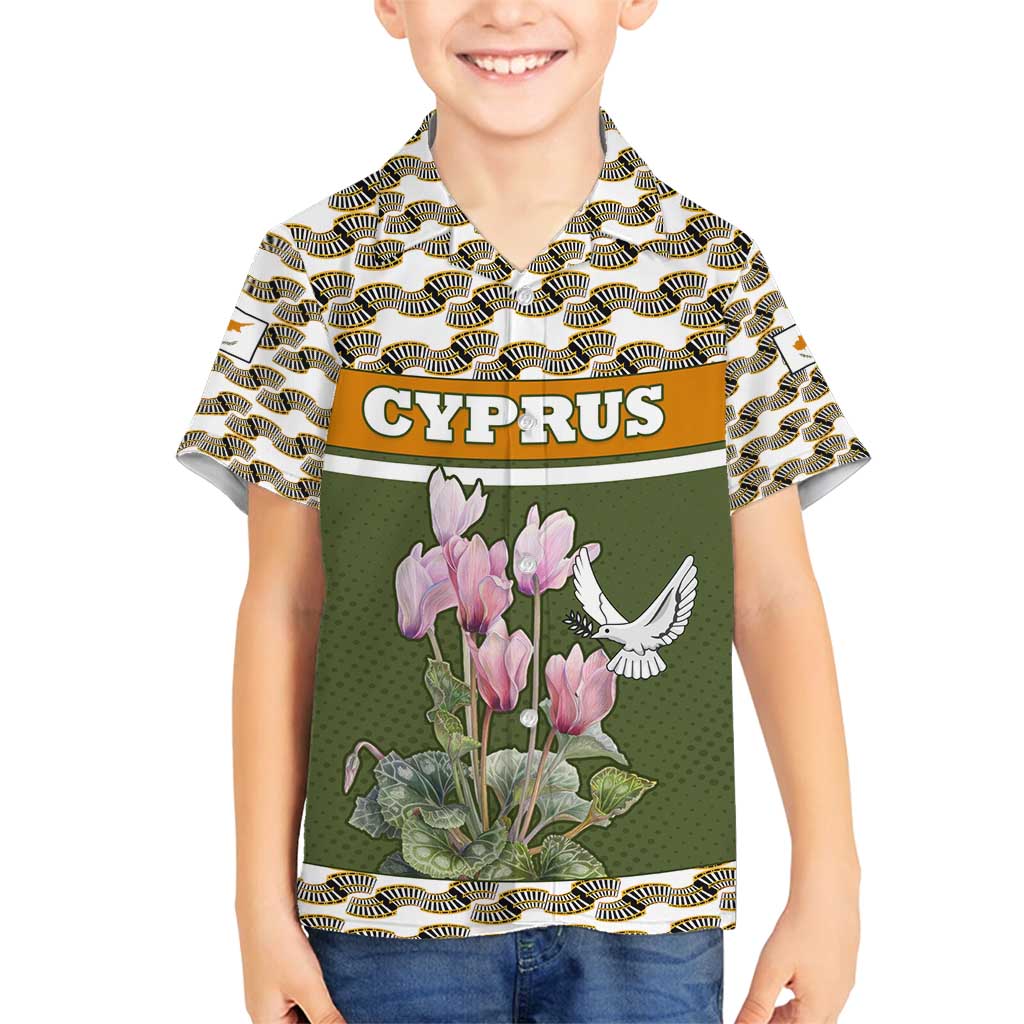 Cyprus Family Matching Off Shoulder Maxi Dress and Hawaiian Shirt with Cyclamen Flower Illustration Design and National Emblem - Wonder Print Shop