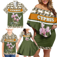 Cyprus Family Matching Off Shoulder Short Dress and Hawaiian Shirt with Cyclamen Flower Illustration Design and National Emblem - Wonder Print Shop