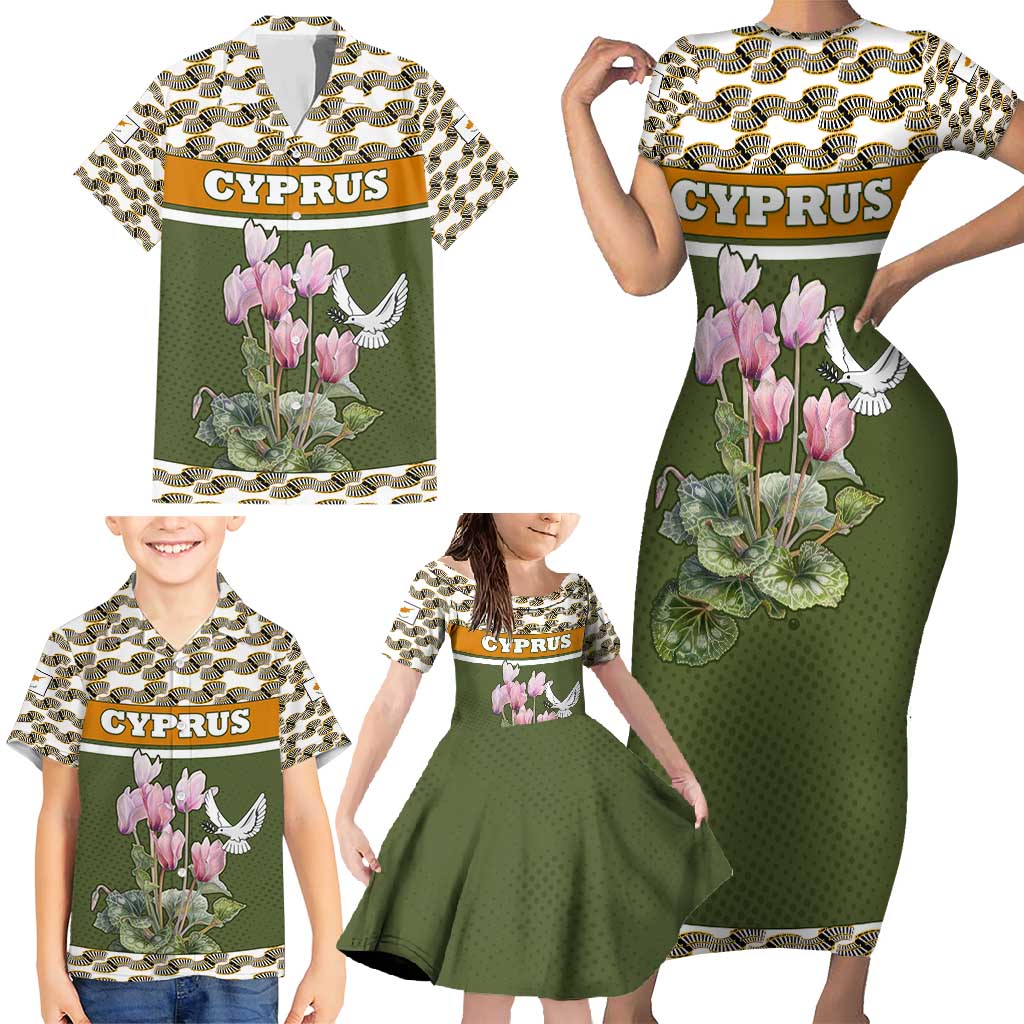 Cyprus Family Matching Short Sleeve Bodycon Dress and Hawaiian Shirt with Cyclamen Flower Illustration Design and National Emblem - Wonder Print Shop