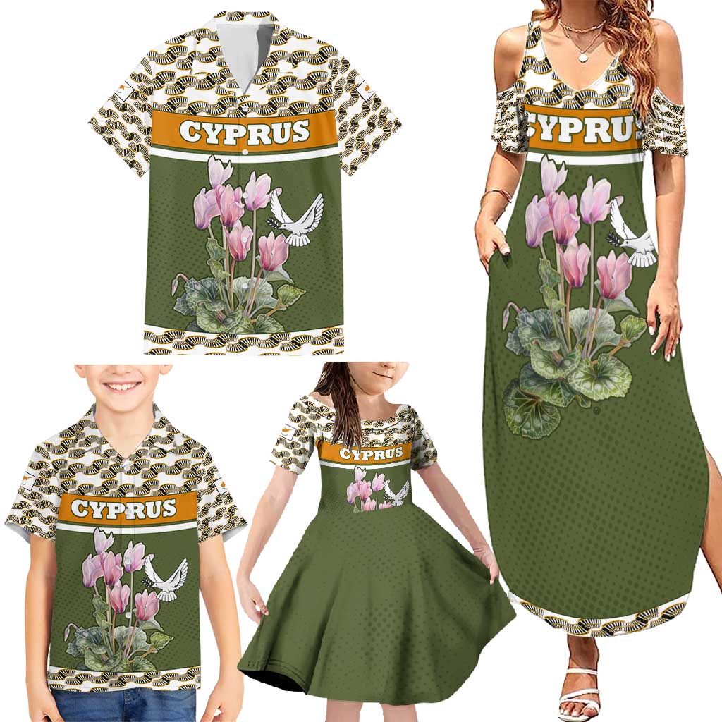 Cyprus Family Matching Summer Maxi Dress and Hawaiian Shirt with Cyclamen Flower Illustration Design and National Emblem - Wonder Print Shop