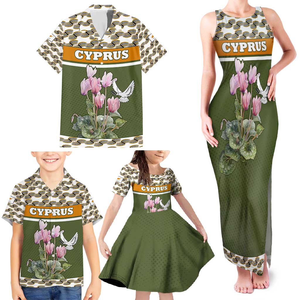 Cyprus Family Matching Tank Maxi Dress and Hawaiian Shirt with Cyclamen Flower Illustration Design and National Emblem - Wonder Print Shop