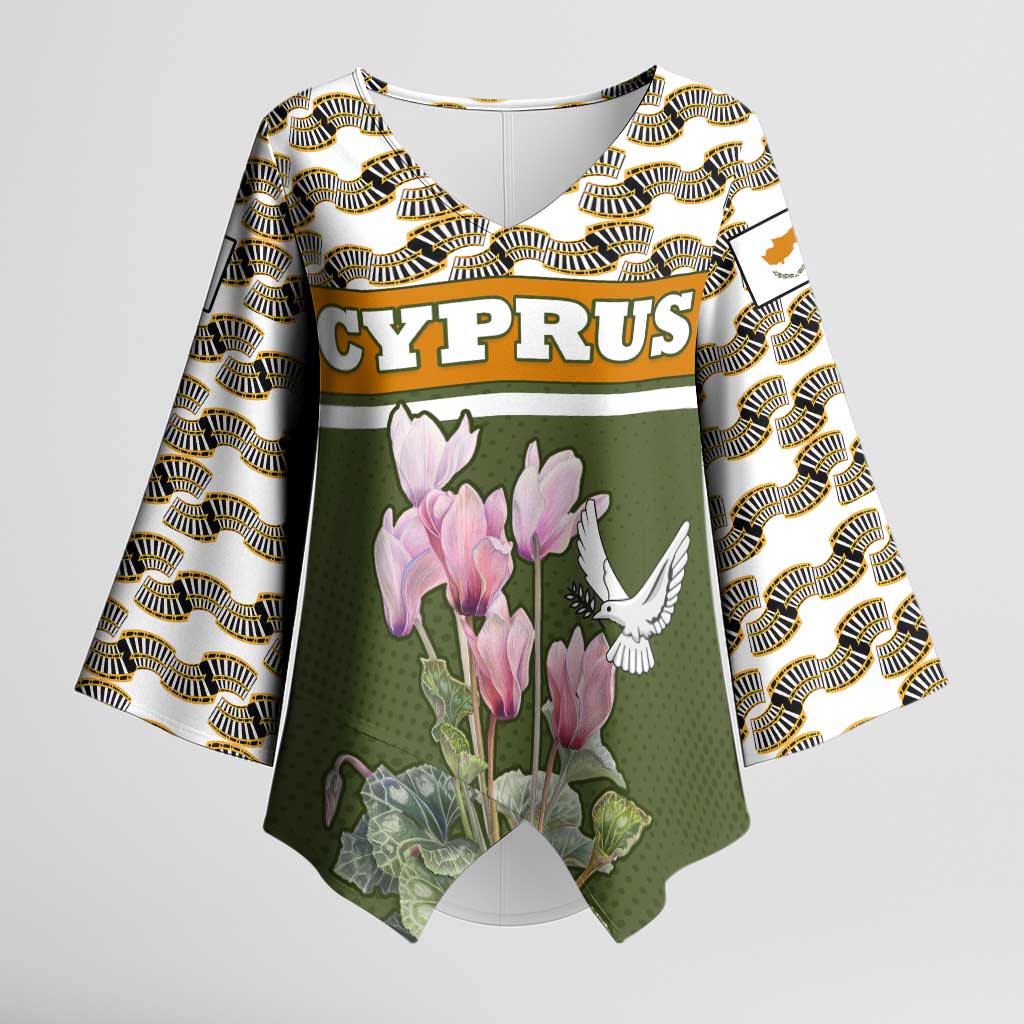 Cyprus Kimono Sleeve Blouse with Cyclamen Flower Illustration Design and National Emblem - Wonder Print Shop