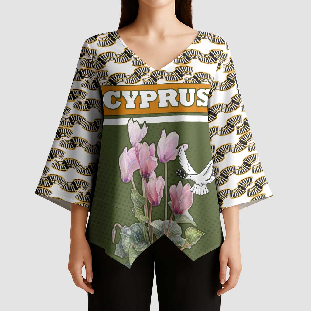 Cyprus Kimono Sleeve Blouse with Cyclamen Flower Illustration Design and National Emblem - Wonder Print Shop