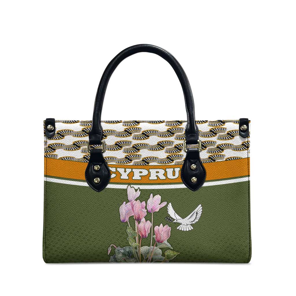 Cyprus Leather Bag with Cyclamen Flower Illustration Design and National Emblem - Wonder Print Shop