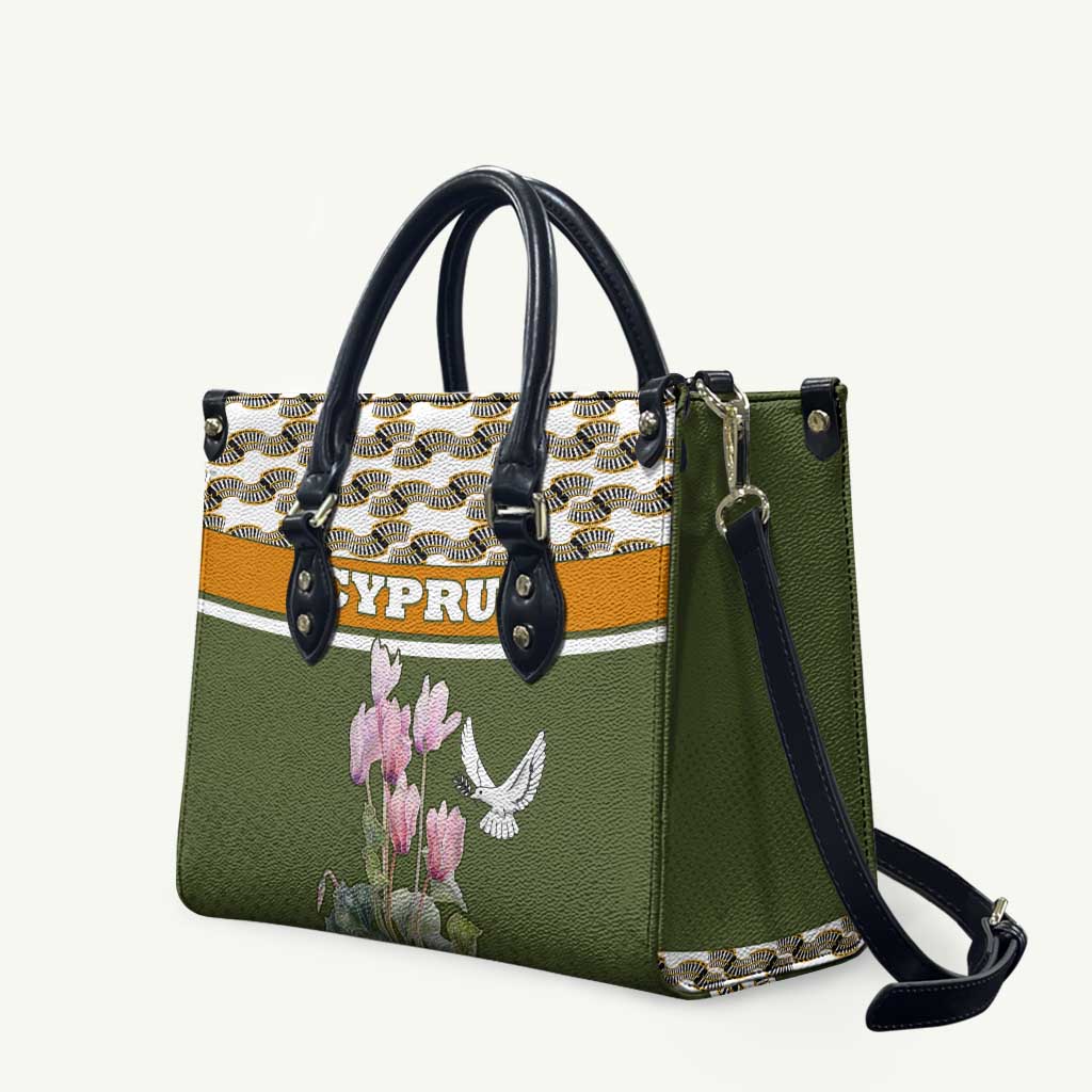 Cyprus Leather Bag with Cyclamen Flower Illustration Design and National Emblem - Wonder Print Shop