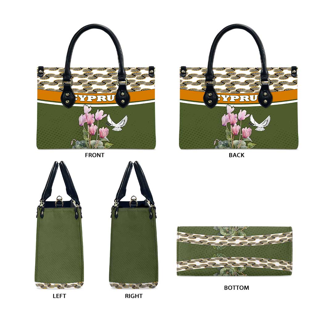 Cyprus Leather Bag with Cyclamen Flower Illustration Design and National Emblem - Wonder Print Shop
