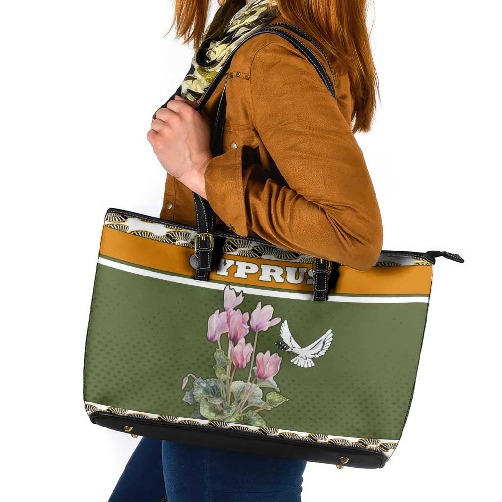 Cyprus Leather Tote Bag with Cyclamen Flower Illustration Design and National Emblem - Wonder Print Shop