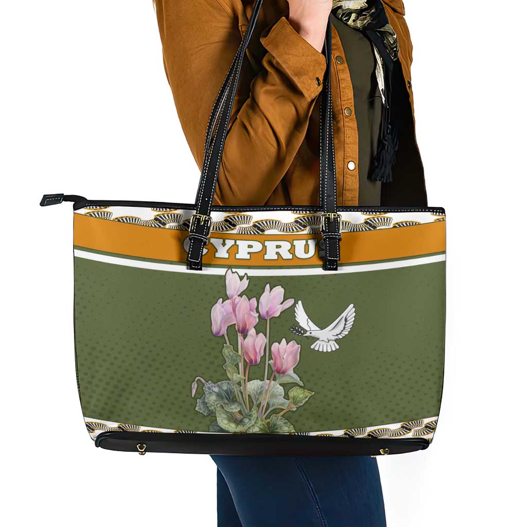 Cyprus Leather Tote Bag with Cyclamen Flower Illustration Design and National Emblem - Wonder Print Shop