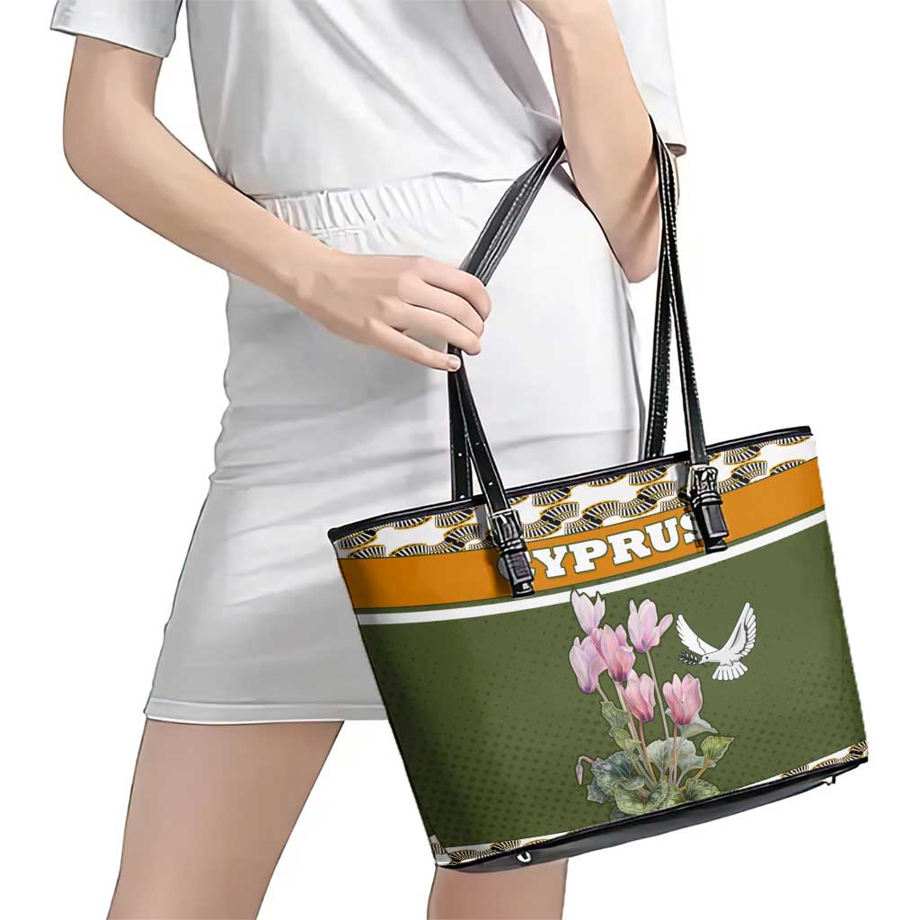 Cyprus Leather Tote Bag with Cyclamen Flower Illustration Design and National Emblem - Wonder Print Shop