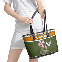 Cyprus Leather Tote Bag with Cyclamen Flower Illustration Design and National Emblem - Wonder Print Shop