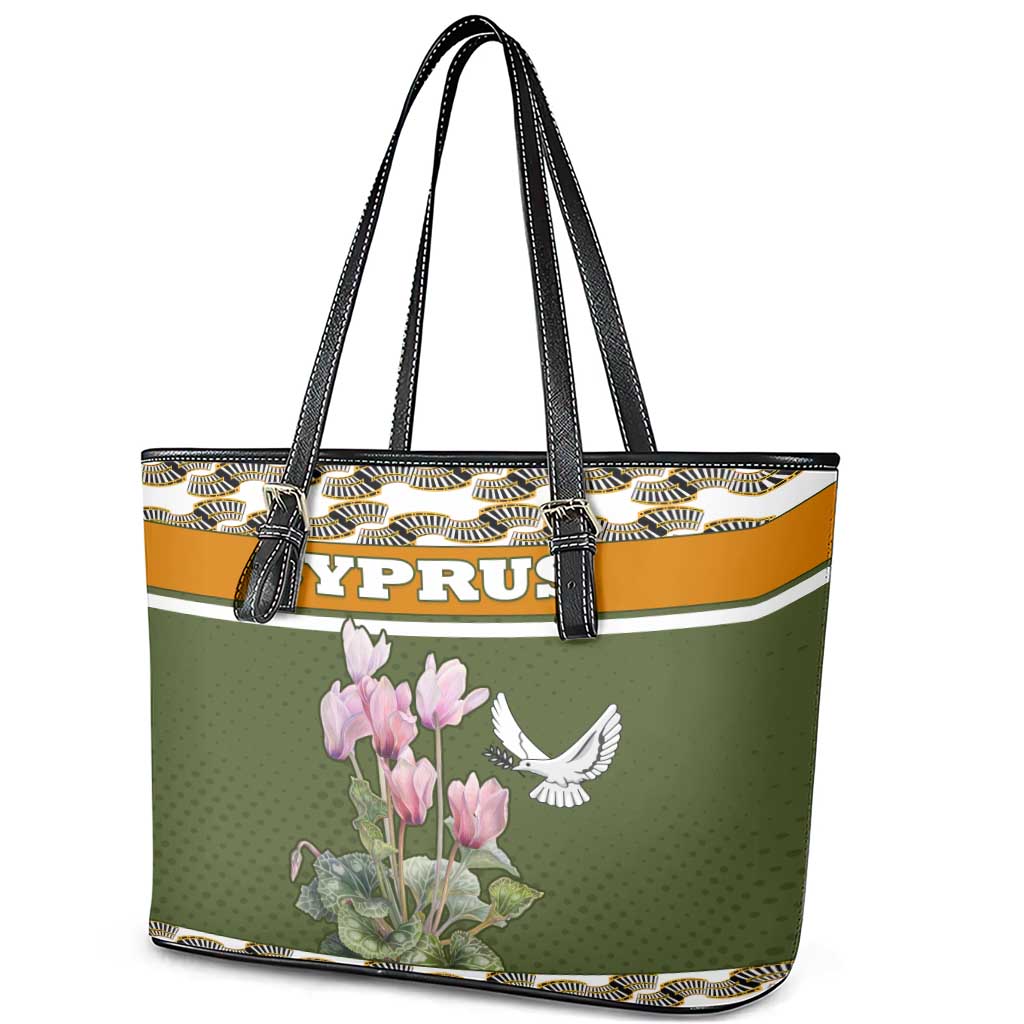 Cyprus Leather Tote Bag with Cyclamen Flower Illustration Design and National Emblem - Wonder Print Shop