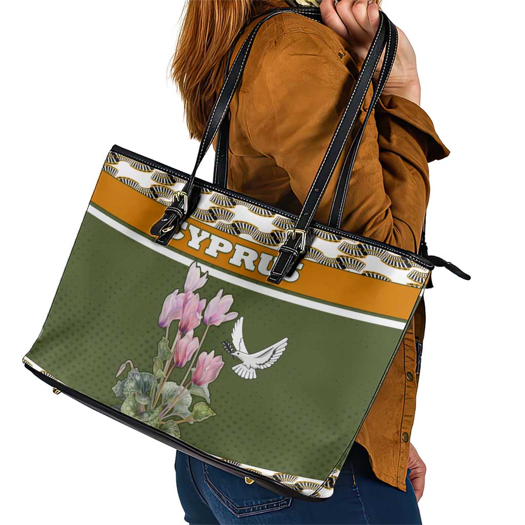 Cyprus Leather Tote Bag with Cyclamen Flower Illustration Design and National Emblem - Wonder Print Shop