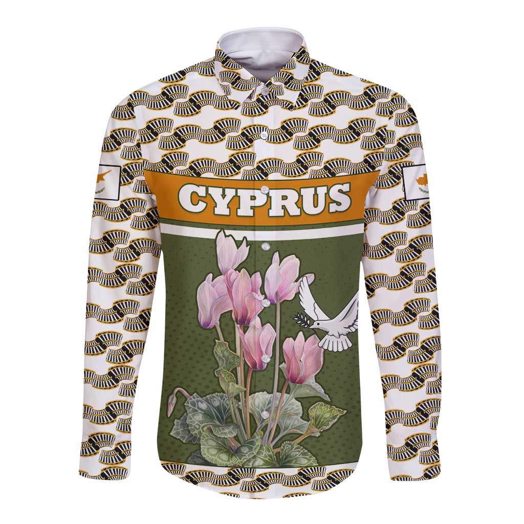 Cyprus Long Sleeve Button Shirt with Cyclamen Flower Illustration Design and National Emblem - Wonder Print Shop