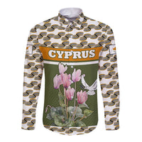 Cyprus Long Sleeve Button Shirt with Cyclamen Flower Illustration Design and National Emblem - Wonder Print Shop