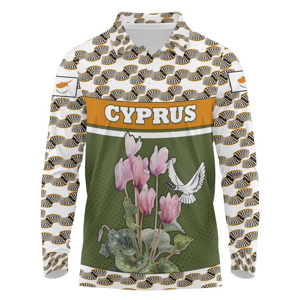 Cyprus Long Sleeve Polo Shirt with Cyclamen Flower Illustration Design and National Emblem - Wonder Print Shop