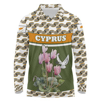 Cyprus Long Sleeve Polo Shirt with Cyclamen Flower Illustration Design and National Emblem - Wonder Print Shop