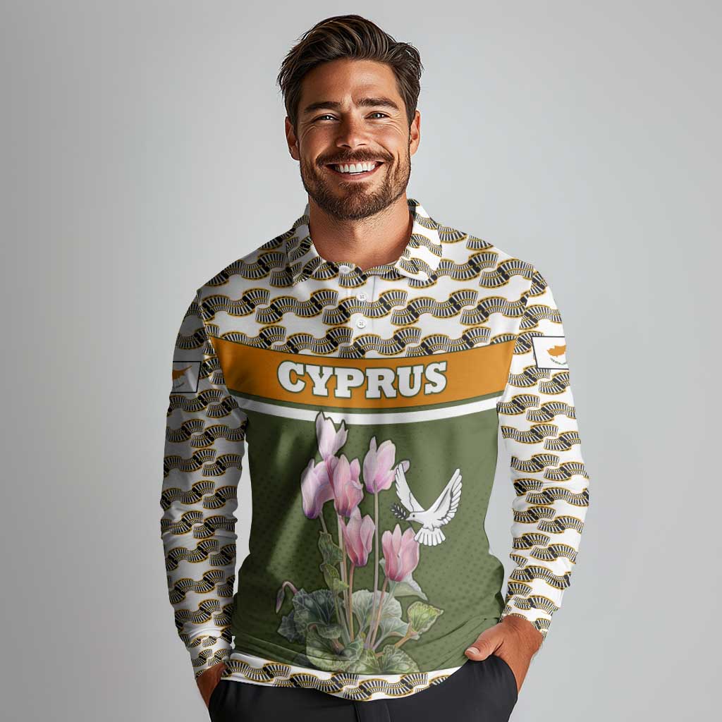 Cyprus Long Sleeve Polo Shirt with Cyclamen Flower Illustration Design and National Emblem - Wonder Print Shop