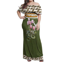 Cyprus Off Shoulder Maxi Dress with Cyclamen Flower Illustration Design and National Emblem - Wonder Print Shop