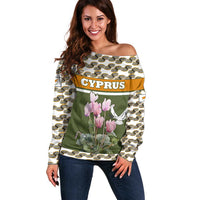 Cyprus Off Shoulder Sweater with Cyclamen Flower Illustration Design and National Emblem - Wonder Print Shop