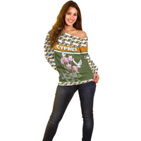 Cyprus Off Shoulder Sweater with Cyclamen Flower Illustration Design and National Emblem - Wonder Print Shop