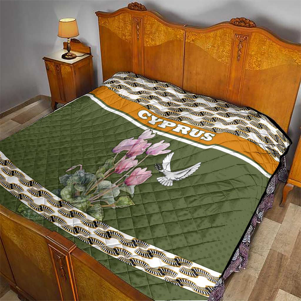 Cyprus Quilt with Cyclamen Flower Illustration Design and National Emblem - Wonder Print Shop