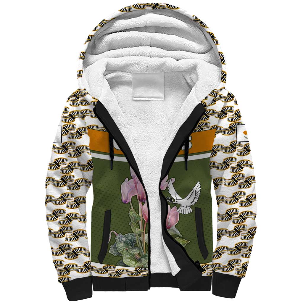 Cyprus Sherpa Hoodie with Cyclamen Flower Illustration Design and National Emblem - Wonder Print Shop