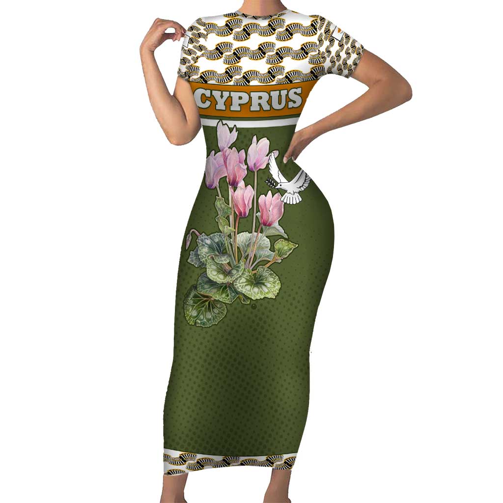 Cyprus Short Sleeve Bodycon Dress with Cyclamen Flower Illustration Design and National Emblem - Wonder Print Shop