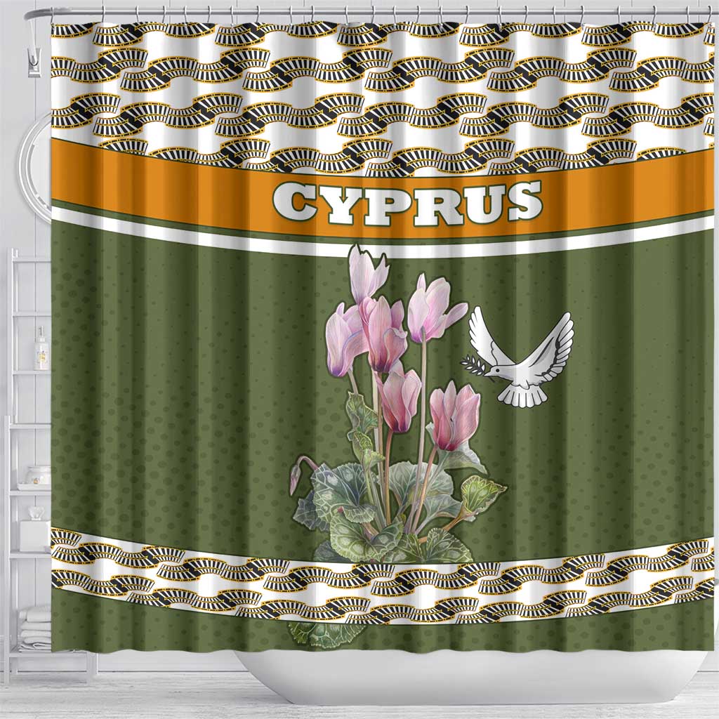 Cyprus Shower Curtain with Cyclamen Flower Illustration Design and National Emblem - Wonder Print Shop