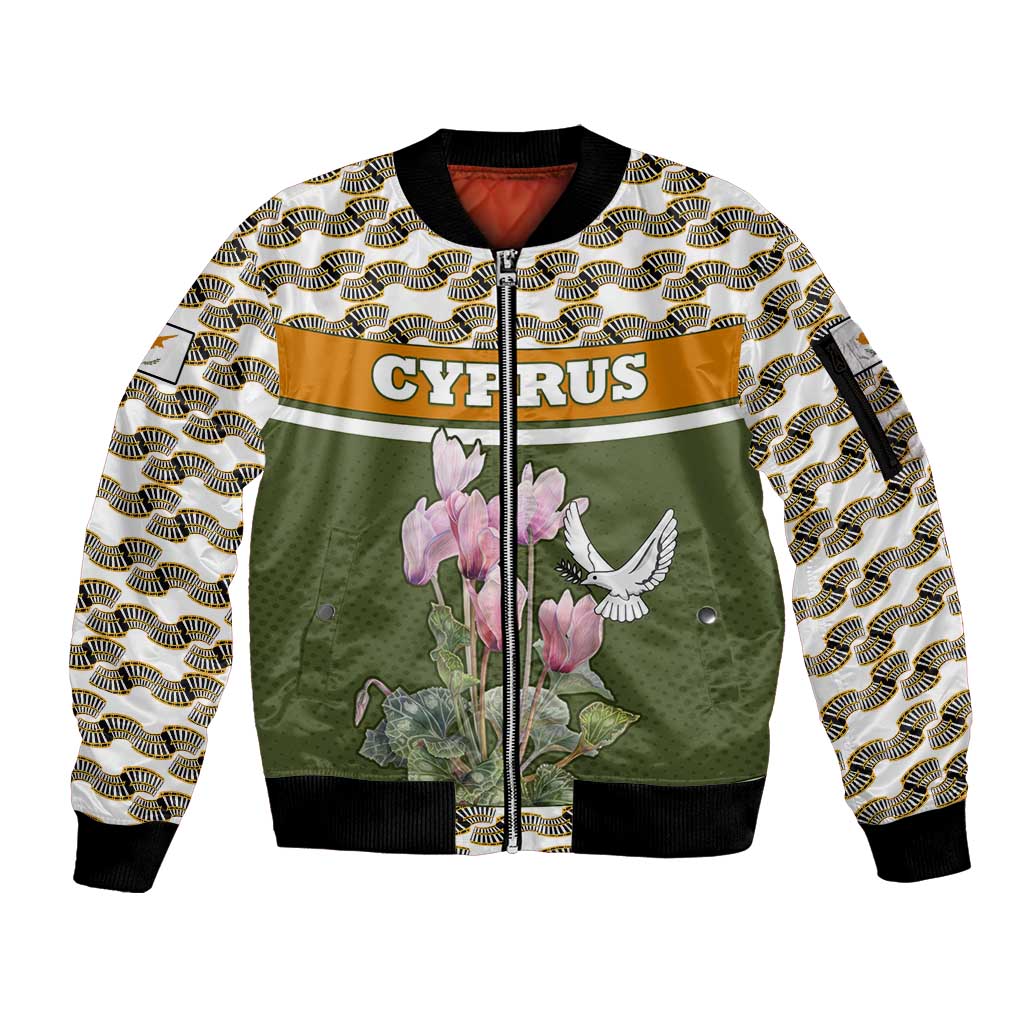 Cyprus Sleeve Zip Bomber Jacket with Cyclamen Flower Illustration Design and National Emblem - Wonder Print Shop