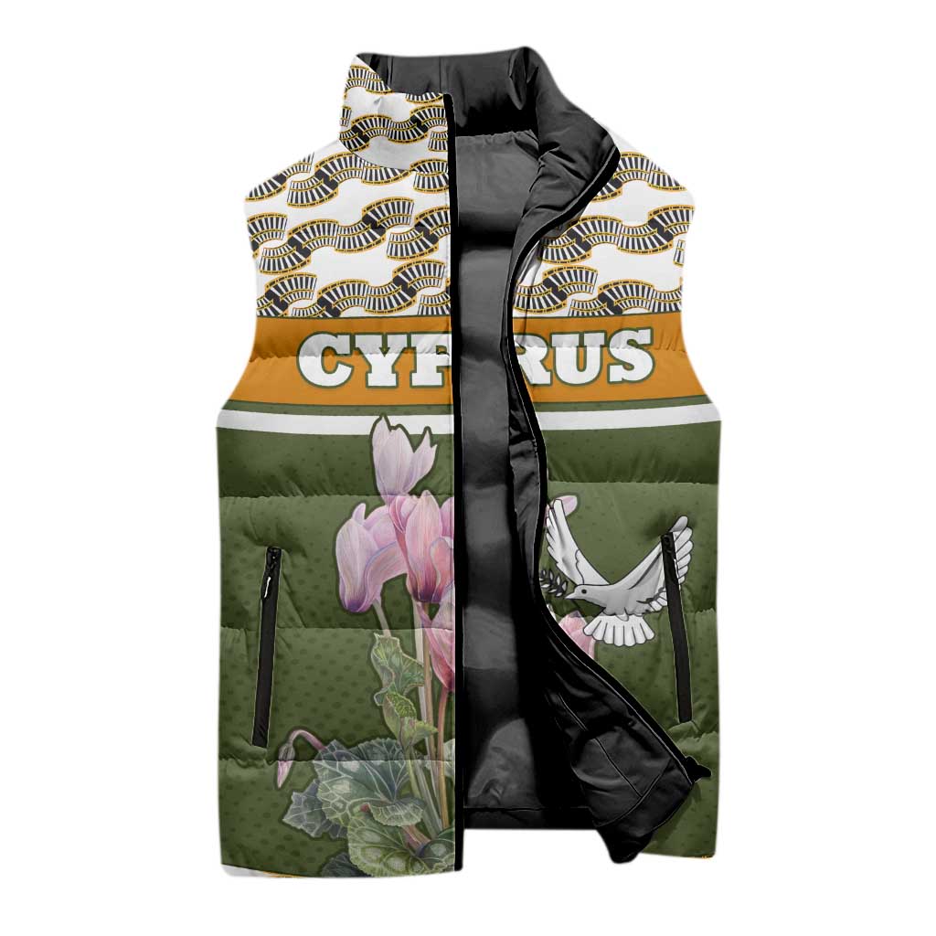 Cyprus Sleeveless Puffer Jacket with Cyclamen Flower Illustration Design and National Emblem - Wonder Print Shop